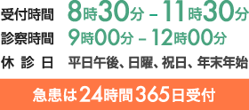 受付時間　8時30分 -11時30分 診察時間　9時00分 -12時00分 休診日　平日午後、日曜、祝日、年末年始 急患は24時間365日受付